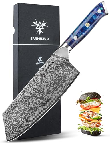 SANMUZUO Nakiri Messer 19 cm Profi Küchenmesser Damastmesser, Xuan Serie, VG10 Damaskus Stahl Küchenmesser mit Harz Griff(Saphirblau) von SANMUZUO