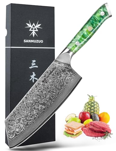 SANMUZUO Nakiri Messer 19 cm Profi Küchenmesser Damastmesser, Xuan Serie, VG10 Damaskus Stahl Küchenmesser mit Harz Griff(Smaragd Grün) von SANMUZUO