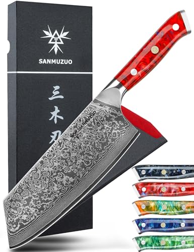 SANMUZUO Nakiri Messer 19 cm Profi Küchenmesser Damastmesser, Xuan Serie, VG10 Damaskus Stahl Küchenmesser mit Harz Griff(Sonnenuntergang Rot) von SANMUZUO