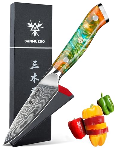 SANMUZUO Schälmesser Damastmesser 9 cm Klinge - Japanisches Obst und Gemüsemesser Officemesser - VG 10 Damaskus Stahl Küchenmesser mit Harzgriff - Xuan Serie(Dream Orange) von SANMUZUO