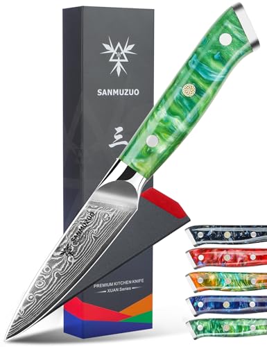 SANMUZUO Schälmesser Damastmesser 9 cm Klinge - Japanisches Obst und Gemüsemesser Officemesser - VG 10 Damaskus Stahl Küchenmesser mit Harzgriff - Xuan Serie(Smaragd Grün) von SANMUZUO