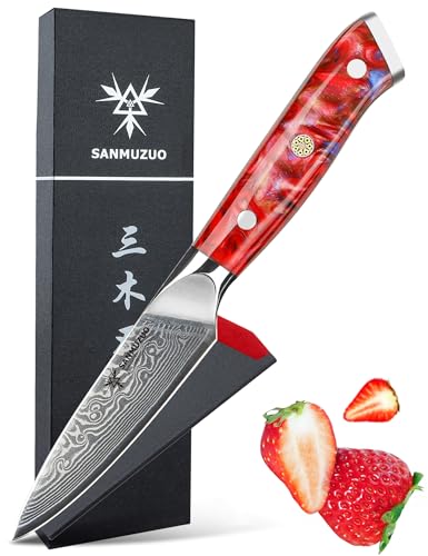 SANMUZUO Schälmesser Damastmesser 9 cm Klinge - Japanisches Obst und Gemüsemesser Officemesser - VG 10 Damaskus Stahl Küchenmesser mit Harzgriff - Xuan Serie(Sonnenuntergang Rot) von SANMUZUO