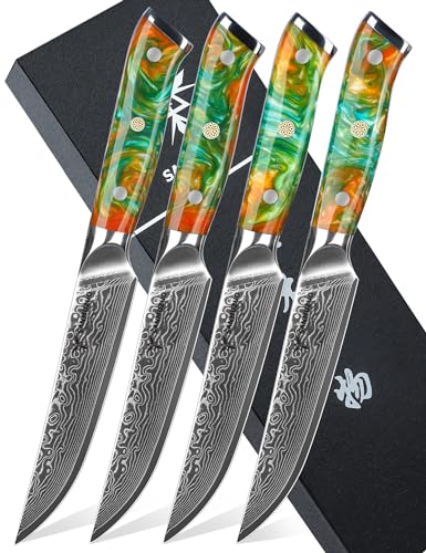 SANMUZUO Steakmesser Set, 4-teilig Damastmesser 13 cm Klinge - Steakbesteck Messerset - VG 10 Damaskus Stahl Küchenmesser mit Harzgriff - Xuan Serie(Dream Orange) von SANMUZUO