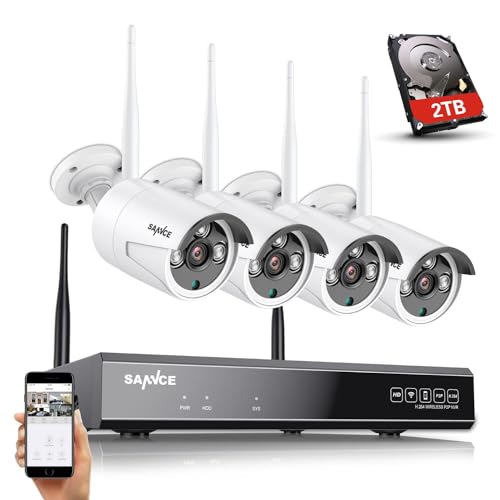 [8CH erweiterbar, 2K] SANNCE 5MP Wireless NVR Sicherheitssystem mit 4 Stück 3MP WiFi Überwachungskameras mit 2TB Festplatte für Innen AußenAI Menschenerkennung von SANNCE