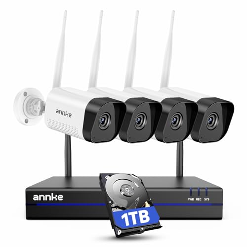 ANNKE 3MP WLAN Überwachungskamera Set Aussen, 16CH 4K NVR mit 4X 3MP WiFi Kamera, Videoüberwachung mit 1TB Festplatte, Personenerkennung, 2-Wege-Audio, 30M Nachtsicht, IP66, Kompatibel mit Alexa von ANNKE