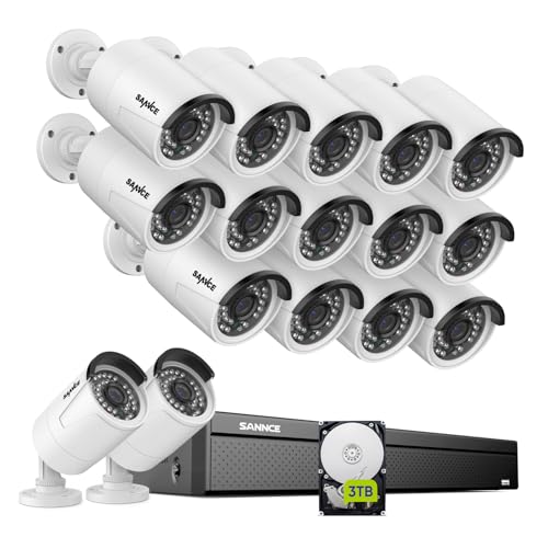 SANNCE 8MP PoE Überwachungskamera Set Outdoor, 16X 3MP PoE IP Bullet Kamera Überwachung Aussen und 16CH NVR mit 3TB Festplatte für 24/7 Videoüberwachung, Audioaufzeichnung, Personenerkennung von SANNCE