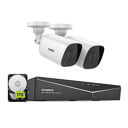 SANNCE Überwachungskamera Set 8CH 5MP Lite DVR Recorder mit 1TB Festplatte und 2X 1080P Wetterfest Analoge Kamera außen Videoüberwachung System, 20M IR Nachtsicht, Bewegung Alarm, Fernzugriff von SANNCE