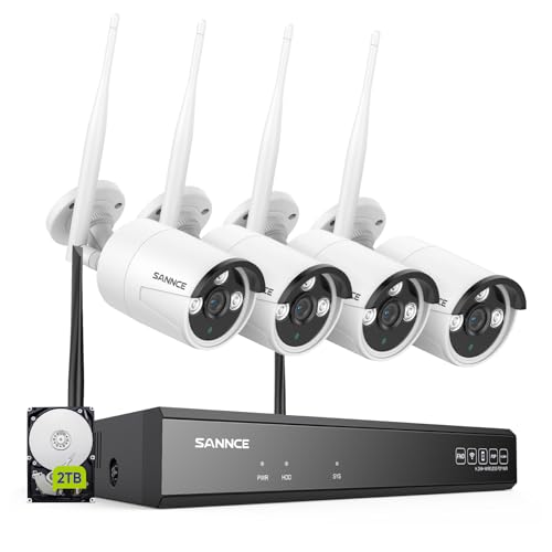 SANNCE WLAN 5MP Überwachungskamera Set Aussen, 10CH Wireless NVR 4X 5MP Kabellose WiFi Kameras mit 2TB Festplatte, AI Human Detection, IP66 Wasserdicht, Unterstützt Alexa, Audioaufnehmen von SANNCE