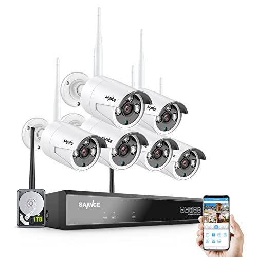 WLAN Überwachungskamera Set mit Audioaufnehmen，SANNCE 5MP 8CH Wireless NVR + 6x3MP Kabellose Outdoor Überwachungskamera mit 1TB Festplatte AI Human Detection IP66 Wasserdicht unterstützt Amazon Alexa von SANNCE