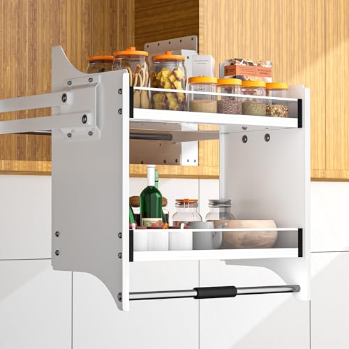 56 - 90 cm, 2-stöckiges ausziehbares Regal für obere Schränke – passend für 66–71 cm breite Oberschränke, robuster Chromstahl, platzsparende Aufbewahrungslösung, Weiß 56 - 90 cm, 2-stöckiges ausziehbares Regal für obere Schränke – passend für 66–71 cm breite Oberschränke, robuster Chromstahl, platzsparende Aufbewahrungslösung, Weiß von SANNO