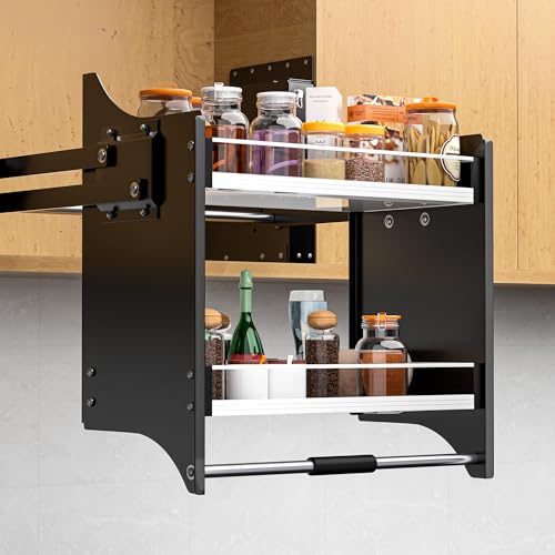 56 - 90 cm, 2-stöckiges ausziehbares Regal für obere Schränke – passend für 66–71 cm breite Oberschränke, robuster Chromstahl, platzsparende Aufbewahrungslösung, schwarz 56 - 90 cm, 2-stöckiges ausziehbares Regal für obere Schränke – passend für 66–71 cm breite Oberschränke, robuster Chromstahl, platzsparende Aufbewahrungslösung, schwarz von SANNO