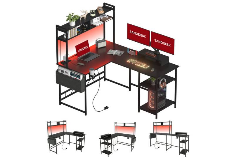 SANODESK Computertisch Gaming Tisch L-Form Schreibtisch Jugendschreibtische (L-förmiger Schreibtisch, mit Regal), mit LED-Beleuchtung, 2 Steckdosen & 2 USB-Anschlüsse von SANODESK