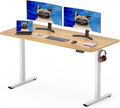 SANODESK Elektrisch Höhenverstellbarer Schreibtisch 140 x 80 cm mit EINTEILIGER TISCHPLATTE, höhenverstellbar mit 4 Memory-Voreinstellungen, intelligentes Panel und Haken (Ahorn) von SANODESK