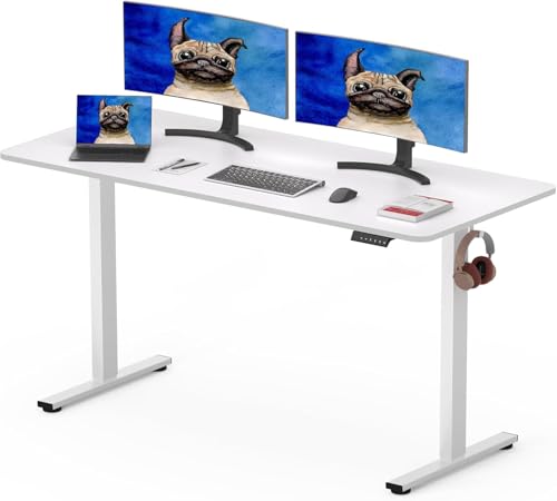 SANODESK Elektrisch Höhenverstellbarer Schreibtisch 160 x 80 cm mit EINTEILIGER TISCHPLATTE, höhenverstellbar mit 4 Memory-Voreinstellungen, intelligentes Panel und Haken (Weiß) von SANODESK