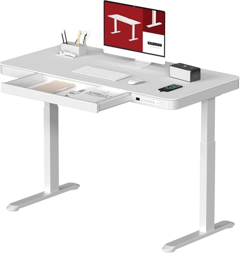 SANODESK Elektrisch Höhenverstellbarer Schreibtisch mit Schublade, Touch Funktion und USB Anschlüssen, 120 x 60 cm, Weiße Tischplatte und Weißer Rahmen von SANODESK