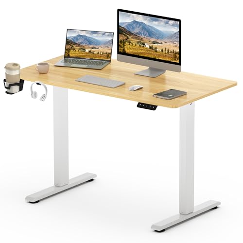 SANODESK Elektrischer Schreibtisch 110 x 60 cm mit Tischplatte (mit Haken/Flaschenhalter), Stehpult, höhenverstellbarer Schreibtisch mit Tischplatte, Memory-Funktion, für Homeoffice （Ahorn+weiß） von SANODESK