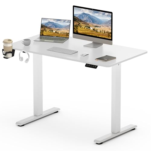 SANODESK Elektrischer Schreibtisch 110 x 60 cm mit Tischplatte (mit Haken/Flaschenhalter), Stehpult, höhenverstellbarer Schreibtisch mit Tischplatte, Memory-Funktion, für Homeoffice （Weiß） von SANODESK