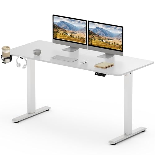 SANODESK Elektrischer Schreibtisch 140 x 60 cm mit Tischplatte (mit Haken/Flaschenhalter), Stehpult, höhenverstellbarer Schreibtisch mit Tischplatte, Memory-Funktion, für Homeoffice （Weiß） von SANODESK