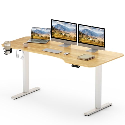 SANODESK Elektrischer Höhenverstellbarer Schreibtisch einfach mit Tischplatte, Memory Funktion und Haken, Schreibtisch Höhenverstellbar Elektrisch für Heimbüro, Homeoffice und Hause(160 x 75cm, ahorn) von SANODESK