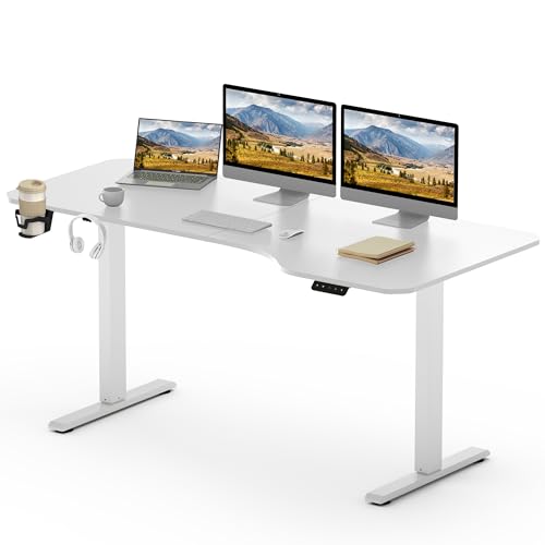 SANODESK Elektrischer Schreibtisch 160 x 75 cm mit Tischplatte (mit Haken/Flaschenhalter), Stehpult, höhenverstellbarer Schreibtisch mit Tischplatte, Memory-Funktion, für Homeoffice （Weiß） von SANODESK