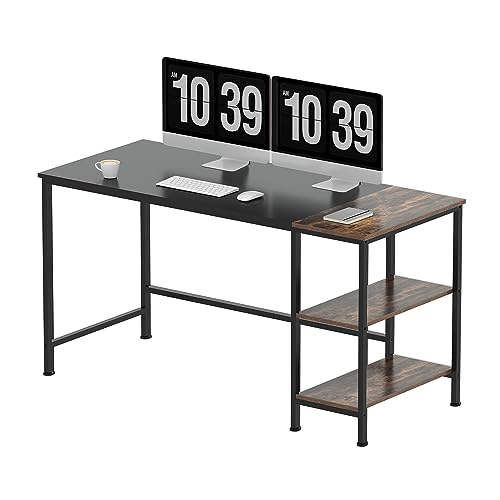 SANODESK FD4 140x60x75cm Fester Tisch, Fester Schreibtisch, Computertisch mit Bücherregal, Home Office PC-Tisch mit 2 Tier Lagerregalen, Schreibtisch mit Bücherregal (Eiche Vintage und Schwarz) von SANODESK