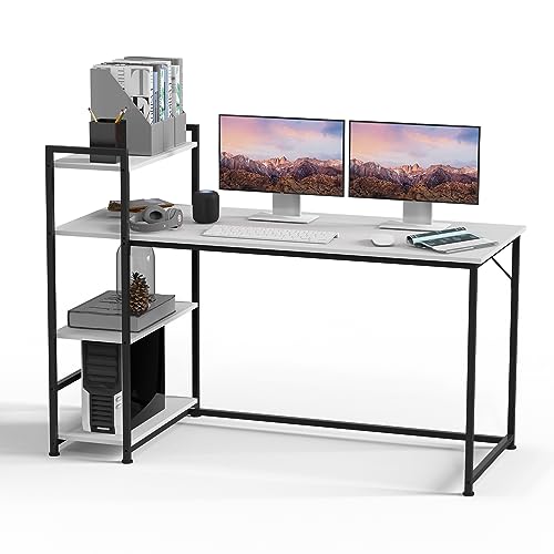 SANODESK FD5 160x60x100cm Fester Tisch, Fester Schreibtisch, Computertisch mit Bücherregal, Home Office PC-Tisch mit 4 Tier Lagerregalen, Schreibtisch mit Bücherregal (Weiß) von SANODESK