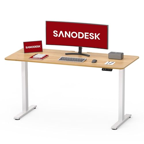 SANODESK Höhenverstellbarer Schreibtisch 110×60 cm mit Durchgehender Tischplatte – kompakter Standing Desk & Sitz-Steh-Tisch für kleine Räume, ergonomisch & stilvoll, Ahorn von SANODESK