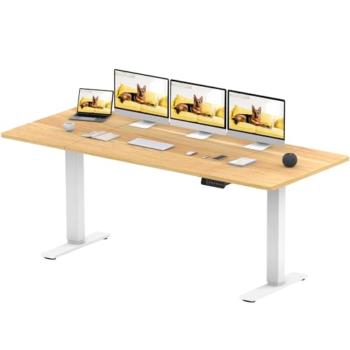 SANODESK Höhenverstellbarer Schreibtisch 200x80 cm mit 2 starken Motoren, Stabiler Elektrischer Steh-Sitz Schreibtisch, Höhenverstellung mit Memory-Funktion (weiß+ahorn) von SANODESK