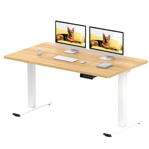 SANODESK Höhenverstellbarer Schreibtisch mit 2 starken Motoren 140x70 cm, Stabiler Elektrischer Steh-Sitz Schreibtisch, Höhenverstellung mit Memory-Funktion (weiß+ahorn) von SANODESK