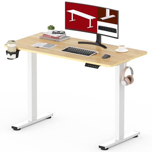 SANODESK Höhenverstellbarer Schreibtisch mit VOLLSTÄNDIGER TISCHPLATTE, 4 Zubehörteilen (Becherhalter, Haken, Aufbewahrungsbox, Kabelmanagement), ergonomisch für Büro und Homeoffice, Ahorn, 110x54 cm von SANODESK