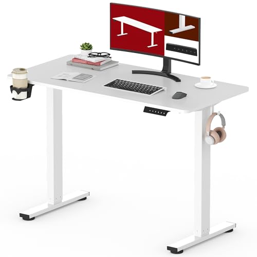 SANODESK Höhenverstellbarer Schreibtisch mit VOLLSTÄNDIGER TISCHPLATTE, 4 Zubehörteilen (Becherhalter, Haken, Aufbewahrungsbox, Kabelmanagement), ergonomisch für Büro und Homeoffice, Weiß, 110x54 cm von SANODESK