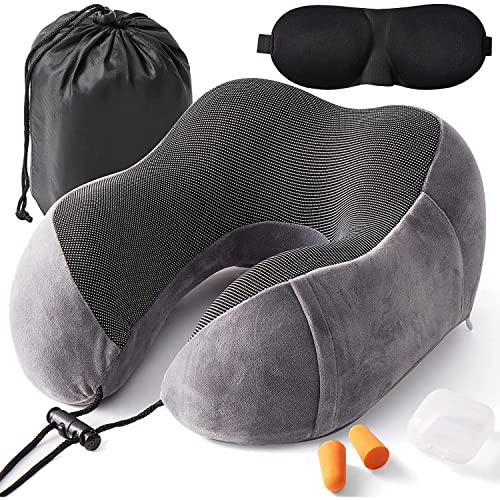 SANON Nackenkissen Travel Pillow Set, Nackenhörnchen Reise, Reisekissen Memory Foam, Ergonomisch Gestaltetes Reisekissen mit Schlafmaske, Ohrstöpsel, Tasche, Ideal für Reisen, Flugzeug, Auto, Büro von SANON