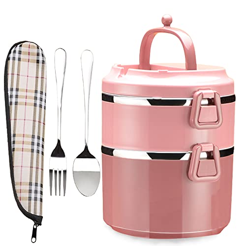 SANQIAHOME 2 Schichten Mehrschichtige stapelbare Edelstahl-Lunchbox,Auslaufsicher,rosa von SANQIAHOME