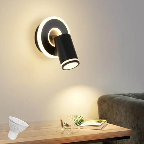 Deckenleuchte 1 Flammig LED,Schwenkbar 350° Rund Deckenstrahler,Wandlampe mit unteres Glühen 9W+5W GU10 Spots,Modern Deckenspot Strahler 3000K Warmweiß,Wandleuchte Lampe für Wohnzimmer,Küche,Schwarz von SANSHI