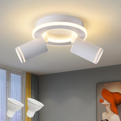 Deckenleuchte 2 Flammig LED,Schwenkbar 350° Rund Deckenstrahler,Deckenlampe mit unteres Glühen 15W+2x5W GU10 Spots,Modern Deckenspot Strahler 3000K Warmweiß,Spotlight Lampe für Wohnzimmer,Küche,Weiß von SANSHI