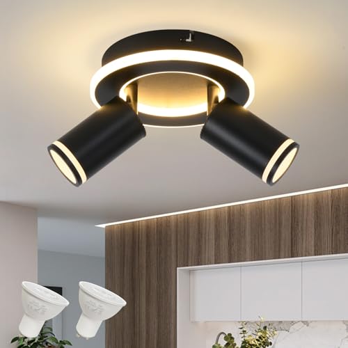 Deckenleuchte 2 Flammig LED,Schwenkbar 350° Rund Deckenstrahler,Deckenlampe mit unteres Glühen 15W+2x5W GU10 Spots,Modern Deckenspot Strahler 3000K Warmweiß,Spotlight Lampe für Wohnzimmer,Schwarz von SANSHI