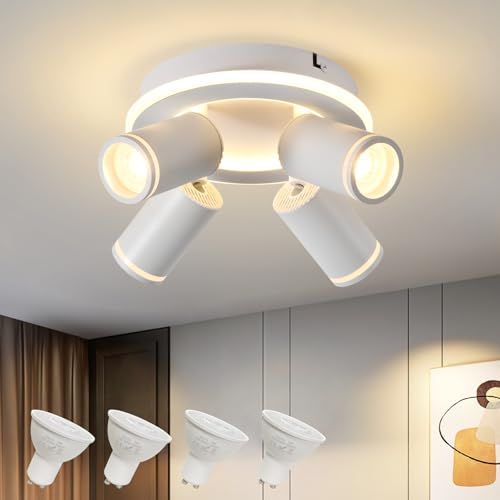 Deckenleuchte 4 Flammig LED,Schwenkbar 350° Rund Deckenstrahler,Deckenlampe mit unteres Glühen 22W+4x5W GU10 Spots,Modern Deckenspot Strahler 3000K Warmweiß,Spotlight Lampe für Wohnzimmer,Küche,Weiß von SANSHI