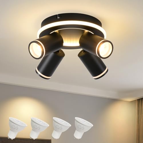 Deckenleuchte 4 Flammig LED,Schwenkbar 350° Rund Deckenstrahler,Deckenlampe mit unteres Glühen 22W+4x5W GU10 Spots,Modern Deckenspot Strahler 3000K Warmweiß,Spotlight Lampe für Wohnzimmer,Schwarz von SANSHI