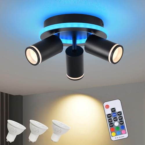 Deckenlampe LED Dimmbar mit Fernbedienung,RGB Farbwechsel 27W 2300LM Deckenleuchte,Schwenkbar Deckenstrahler,3 Flammig Rund mit unteres Glühen 12W+3x5W GU10 spots,Modern Lampe Decke für Küche,Schwarz von SANSHI