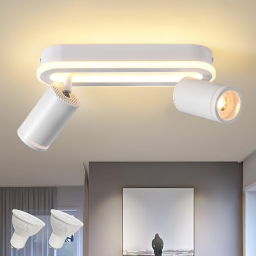 SANSHI Deckenleuchte 2 Flammig LED,Schwenkbar 350°Deckenstrahler,Deckenlampe mit unteres Glühen 15W+2x5W GU10 Spots,Modern Deckenspot Strahler 3000K Warmweiß,Spotlight Lampe für Wohnzimmer,Küche,Weiß von SANSHI