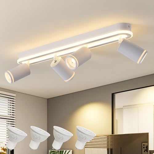 SANSHI Deckenleuchte 4 Flammig LED,Schwenkbar 350°Deckenstrahler,Deckenlampe mit unteres Glühen 36W+4x5W GU10 Spots,Modern Deckenspot Strahler 3000K Warmweiß,Spotlight Lampe für Wohnzimmer,Küche,Weiß von SANSHI