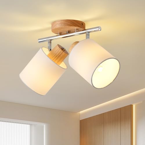 SANSHI LED Deckenlampe 2 flammig Deckenleuchte,Holz Deckenstrahler Schwenkbar 350°,Deckenspot E14 MAX.25W Spot,Modern Wandstrahler,Lampe Decke für Küche Schlafzimmer Flur Wohnzimmer,Ohne Leuchtmittel von SANSHI