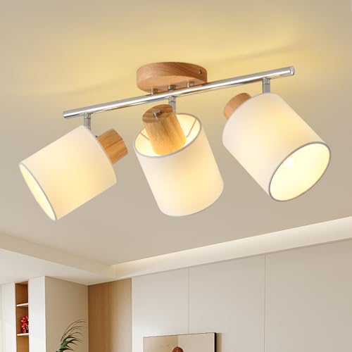 SANSHI LED Deckenlampe 3 flammig Deckenleuchte,Holz Deckenstrahler Schwenkbar 350°,Deckenspot E14 MAX.25W Spot,Modern Wandstrahler,Lampe Decke für Küche Schlafzimmer Flur Wohnzimmer,Ohne Leuchtmittel von SANSHI