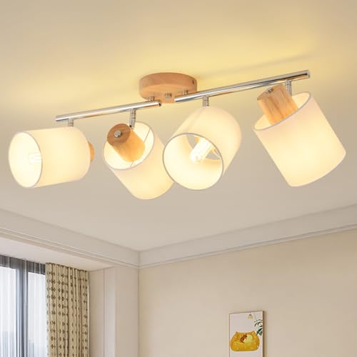 SANSHI LED Deckenlampe 4 flammig Deckenleuchte,Holz Deckenstrahler Schwenkbar 350°,Deckenspot E14 MAX.25W Spot,Modern Wandstrahler,Lampe Decke für Küche Schlafzimmer Flur Wohnzimmer,Ohne Leuchtmittel von SANSHI