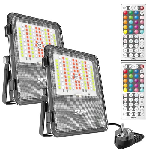 SANSI RGB LED Strahler Außen 20W, LED Fluter mit Fernbedienung IP65 Wasserdicht, RGB Flutlicht Dimmbar Farbwechsel mit Timer, 20 Farben 6 Modi für Garten Landschaft Party Fest, 2 Stück von SANSI