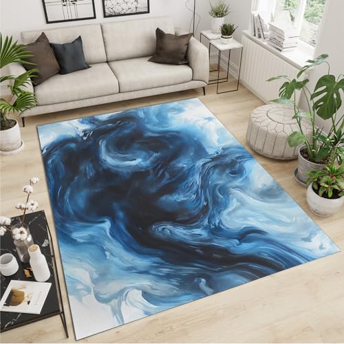 SANSJI Psychedelischer Blauer Farbverlauf Teppiche Gegend, Nordic Smoke Fluid Pflegeleicht Waschmaschinenfest Teppiche - für Wohnzimmer, Kinderzimmer, Schlafzimmer und die Küche 60 x 140 cm von SANSJI