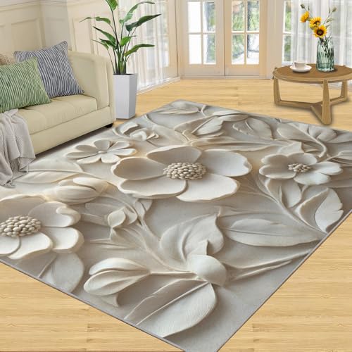 SANSJI Teppich, 3D-Blumenmuster, Heimdekoration, 152 x 452 cm, weiß, geprägt, florale Teppiche für Wohnzimmer, waschbare Teppiche für Schlafzimmer, Innenbereich, rutschfest, niedriger Flor, nordische von SANSJI