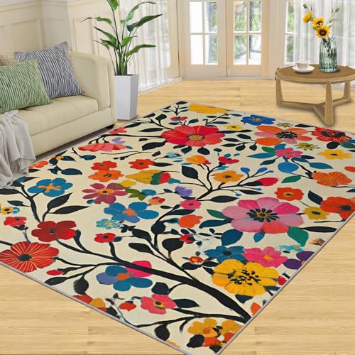 SANSJI Teppich, Boho-Blumenmuster, Heimdekoration, bunte Blumen, Teppiche für Wohnzimmer, waschbare Teppiche für Schlafzimmer, Innenbereich, rutschfest, niedriger Flor, rustikale Retro-Geschenke von SANSJI