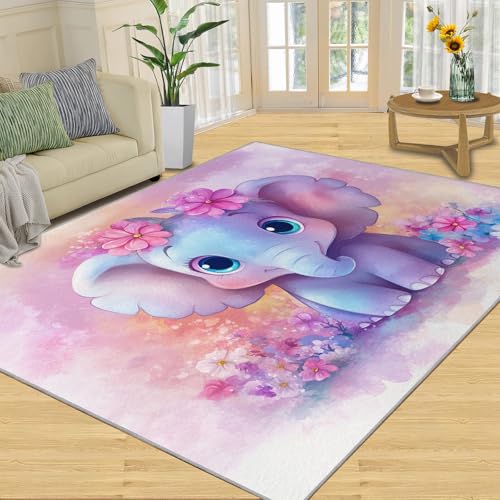 SANSJI Teppich, Cartoon-Mädchen-Heimdekoration, 180 x 200 cm, niedlicher Elefanten-Teppich für Wohnzimmer, waschbare Teppiche für Schlafzimmer, Innenbereich, rutschfest, niedriger Flor, Pastell-Tiere SANSJI Teppich, Cartoon-Mädchen-Heimdekoration, 180 x 200 cm, niedlicher Elefanten-Teppich für Wohnzimmer, waschbare Teppiche für Schlafzimmer, Innenbereich, rutschfest, niedriger Flor, Pastell-Tiere von SANSJI