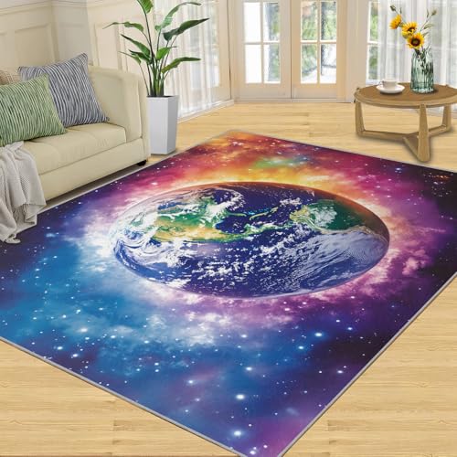 SANSJI Teppich, Galaxie-Heimdekoration und Geschenke, 228 x 380 cm, Erde Planet Teppiche für Wohnzimmer, waschbare Teppiche für Schlafzimmer, rutschfester Teppich, niedriger Flor und pflegeleicht von SANSJI